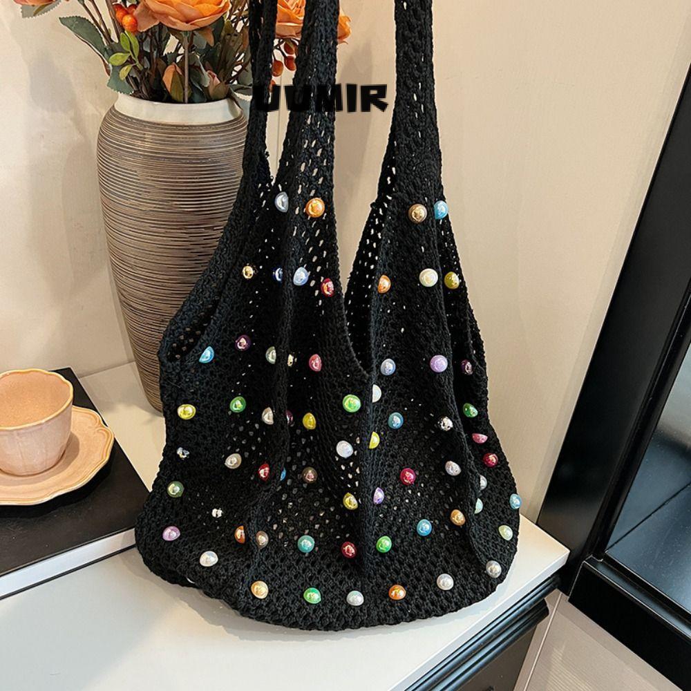 UUMIR กระเป๋าถือใบใหญ่ Boho Crochet พร้อมลูกปัดสี Hollow, มีพื้นที่เก็บของเยอะ