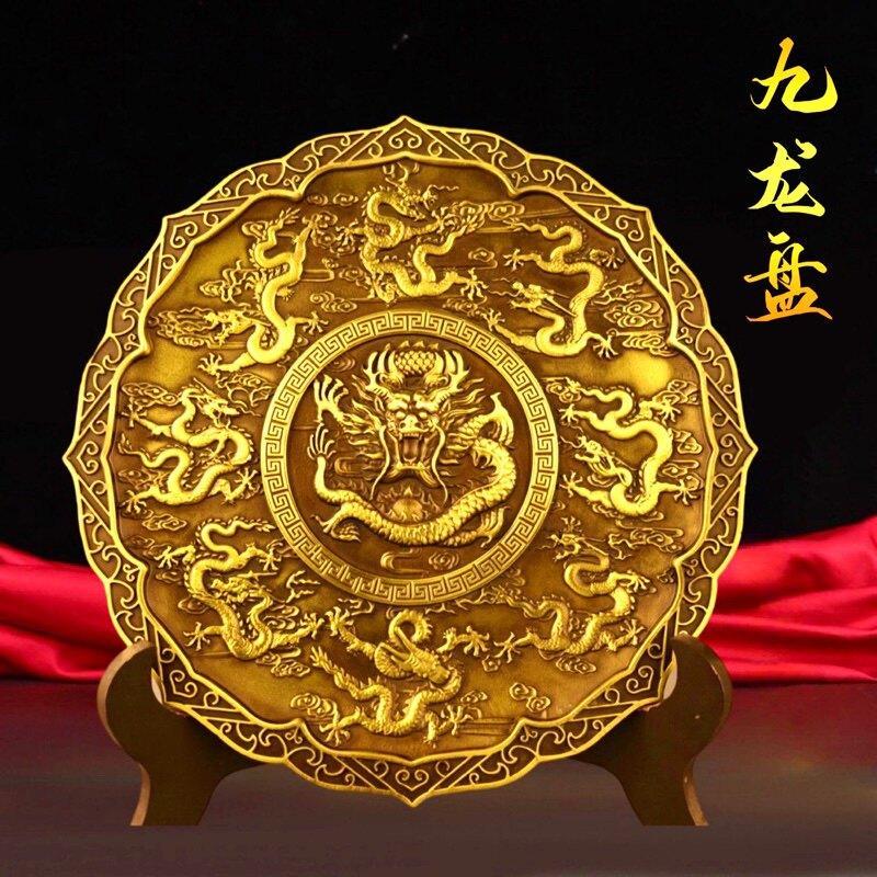 铜九方形散龙盘子摆制龙盘支架客桌面装饰品古 หินภูเขาไฟ龙纹盘ทองแดงบริสุทธิ์ Kowloon จานชุด Kowloon ผนังแผ่นทองแดงวงเล็บแขก202