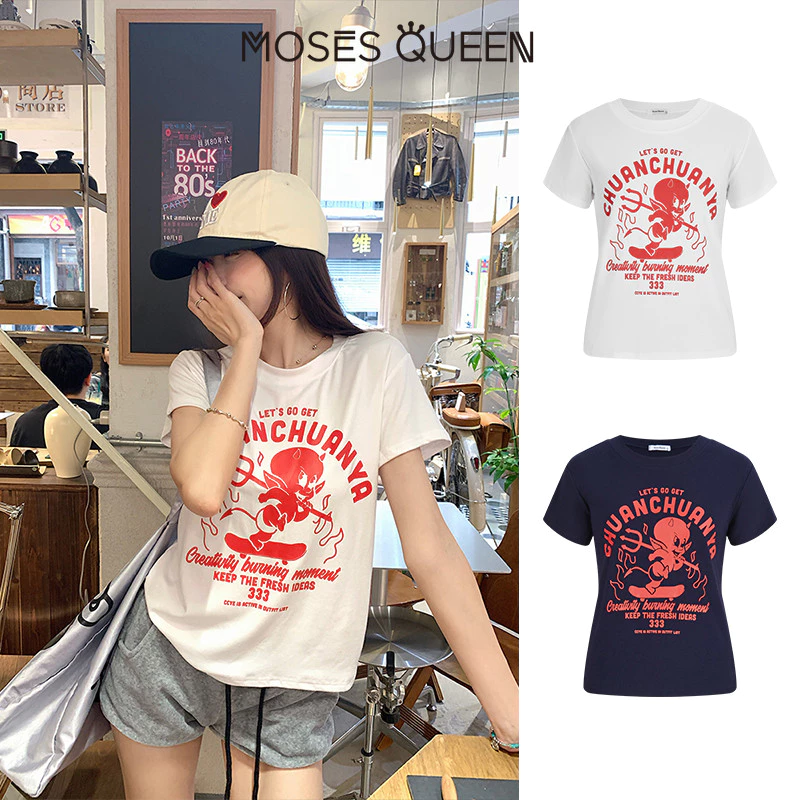 MOSESQUEEN เสื้อผ้าสีสันสดใส แบบเด็กน้อย ที่มีลวดลายพิมพ์บนตัว ชุดเสื้อแขนสั้น สำหรับสาววัยรุ่นในฤดูร้อน #63586