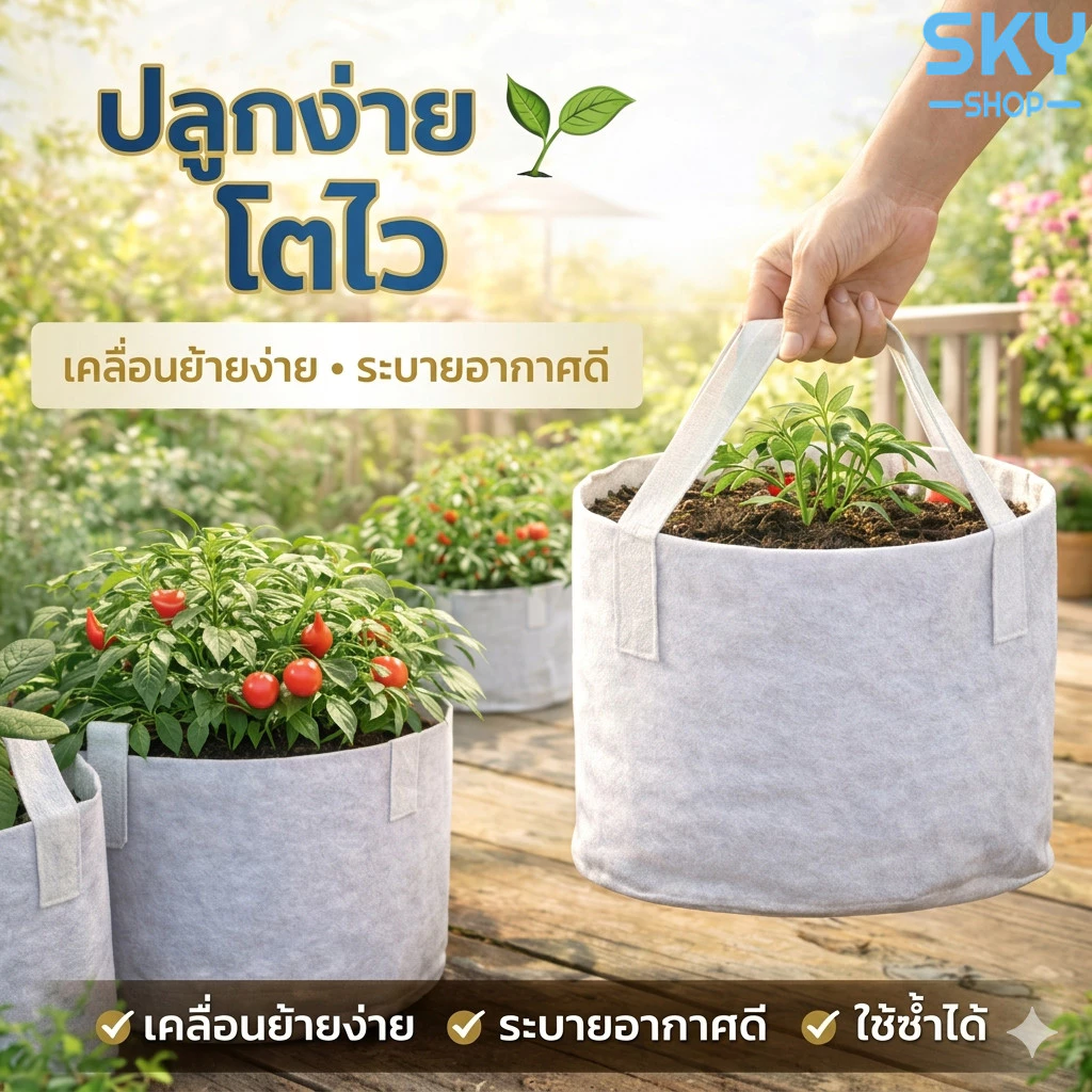 SKY กระถางผ้า ถุงผ้าปลูกต้นไม้ สีขาว ถุงปลูกต้นไม้ กระถางปลูกต้นไม้ กระถางต้นไม้ โตไว รากแข็งแรง มีหูหิ้ว Grow Bag