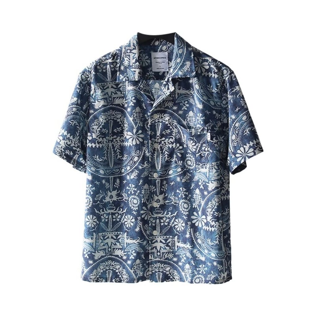 เสื้อวินเทจแขนสั้นผู้ชาย อารมณ์คิวบาทรงค์อเมริกัน ใส่สบายเหมาะกับอากาศร้อน