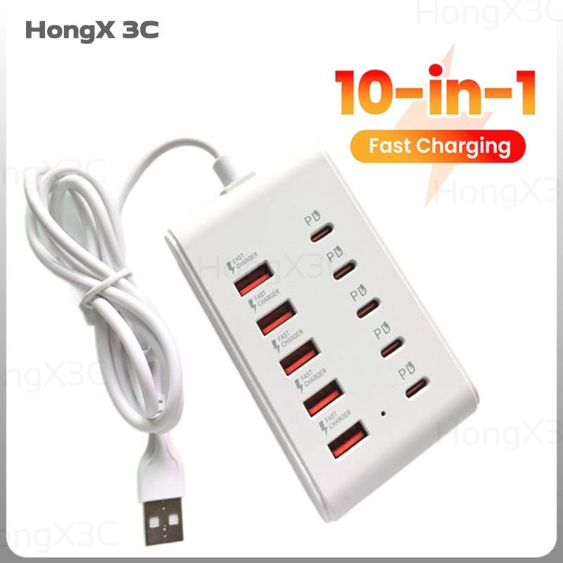 Multi-Ports USB Hub Splitter 10-in-1 USB + PD Fast Charging Adapter USB2.0 Power Socket Docking Station สําหรับโทรศัพท์/แท็บเล็ต