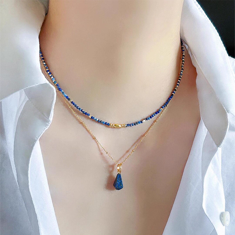 ธรรมชาติ Lapis Lazuli สร้อยคอลูกปัด Lazuli ลูกปัดสีฟ้า Silver Clavicle Chain