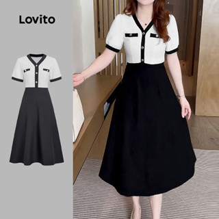 Lovito  เดรสสีดําและขาวสําหรับผู้หญิง ลายบล็อกสีพร้อมกระดุมส…