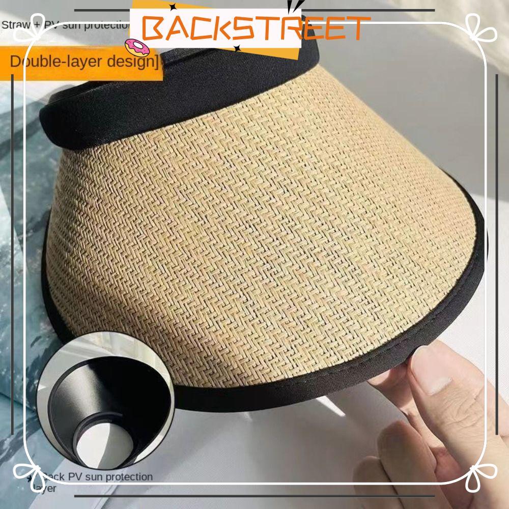 BACKSTAGEBeach Hat, UV Protection Large Eaves Straw Hat, Visors Sun Protection Ponytail Hat