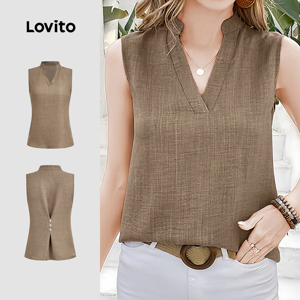 Lovito เสื้อเชิ้ตผู้หญิงแบบ casual ปุ่มสปริง/ซัมเมอร์ สีคากี L154ED445