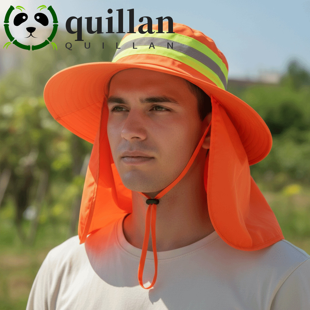 QUILLAN หมวกกันแดดสะท้อนแสง ดีไซน์ปรับได้ ขนาดใหญ่ Brim Anti-UV Bucket Hat, Gardening Neck Shawl UV Protection Sun Protection Fluorescent Safety Hat กีฬากลางแจ้ง