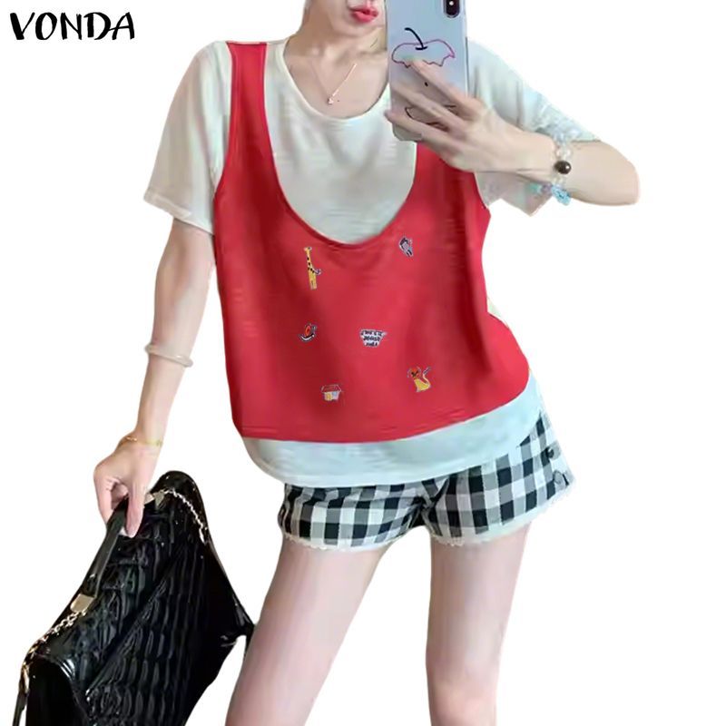 VONDA ผู้หญิง สตรีทวอร์ดเชิก แขนสั้น พิมพ์การ์ตูน และแพ치เวิร์ก เสื้อ