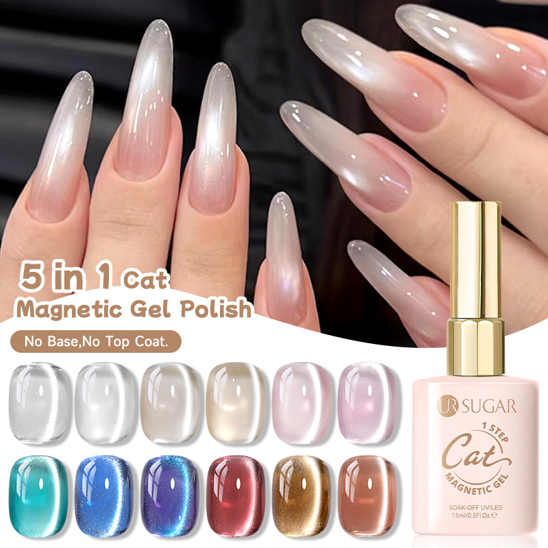 UR SUGAR One Step Cat Eyes Magnetic Gel ยาทาเล็บ 5 in 1 Moonlight Silver UV เล็บเจลเคลือบเงาไม่มีฐานไม่มี Top Coat ติดตั้งง่าย 15ml