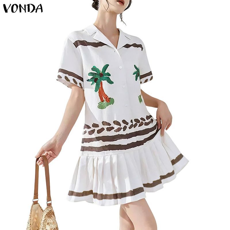 Vonda ชุดวันหยุดลายการ์ตูนต้นมะพร้าวสำหรับผู้หญิง ดีไซน์ Notch ปกปุ่มจีบ สายหลวม ครึ่งแขน มินิชุด