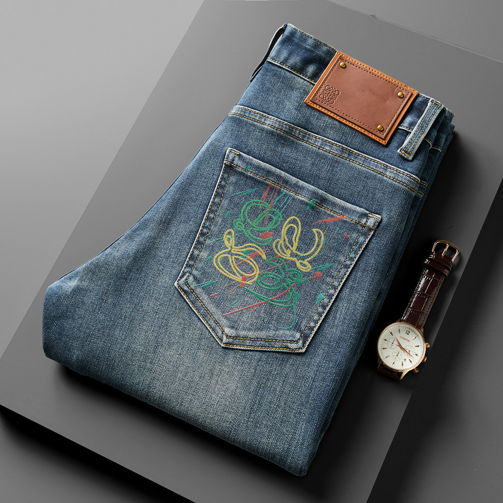 LOEWE7022 กางเกงยีนส์ผู้ชาย Slim-fit Stretch Blue Slim-fit Printing