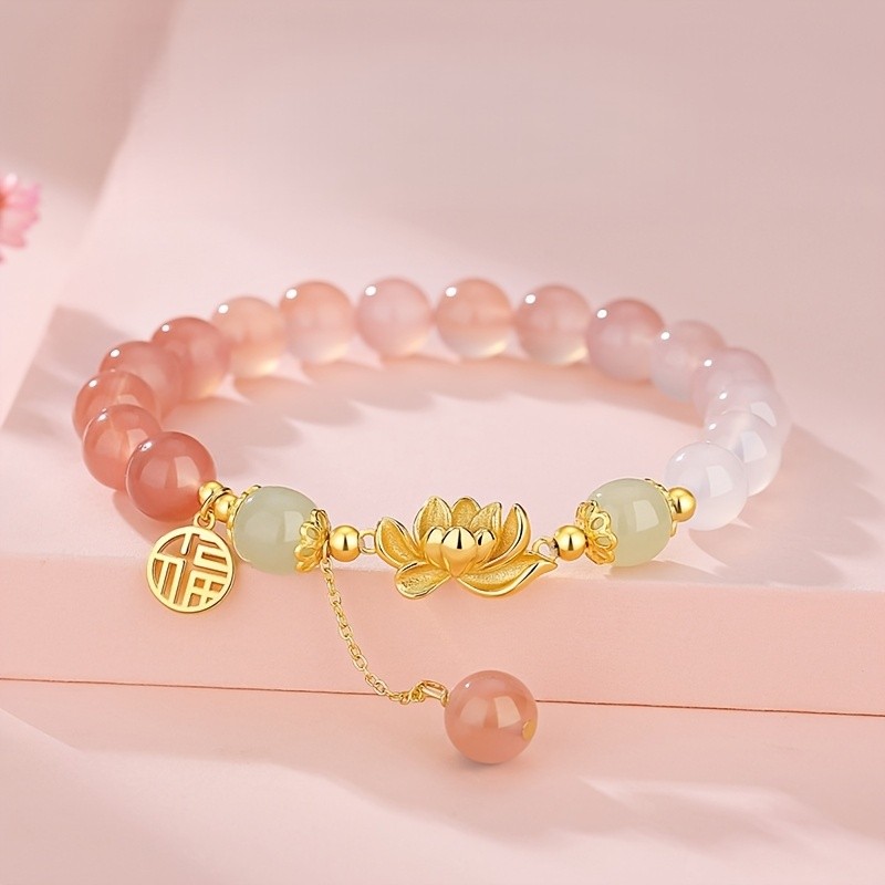 สร้อยข้อมือสไตล์จีน ลายหยกเหอเทียนสีชมพู กับลูกปัดอะแกตทรายล็อตัส สำหรับผู้หญิง