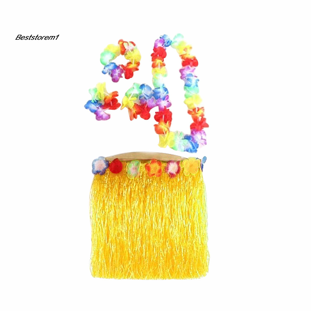 Beststore| 5 ชิ้นผู้ใหญ่ Hula Show กระโปรงหญ้า Garland สายรัดข้อมือ Hawaiian Party Dress Decor