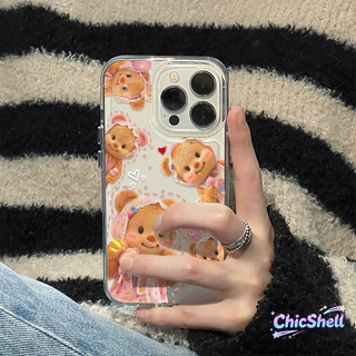 เคสไอโฟน หมวกสีชมพู หมีเนย เคสใส กันกล้อง cho iPhone 11 12 13 14 15 16 ProMax X XR XS Max 7 8Plus-CL