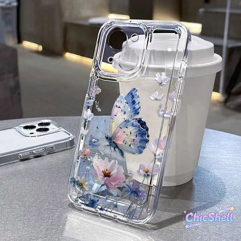 เคสไอโฟน ผีเสื้อดอกไม้ เคสใส กันกล้อง cho iPhone 11 12 13 14 15 16 ProMax X XR XS Max 7 8Plus-CL