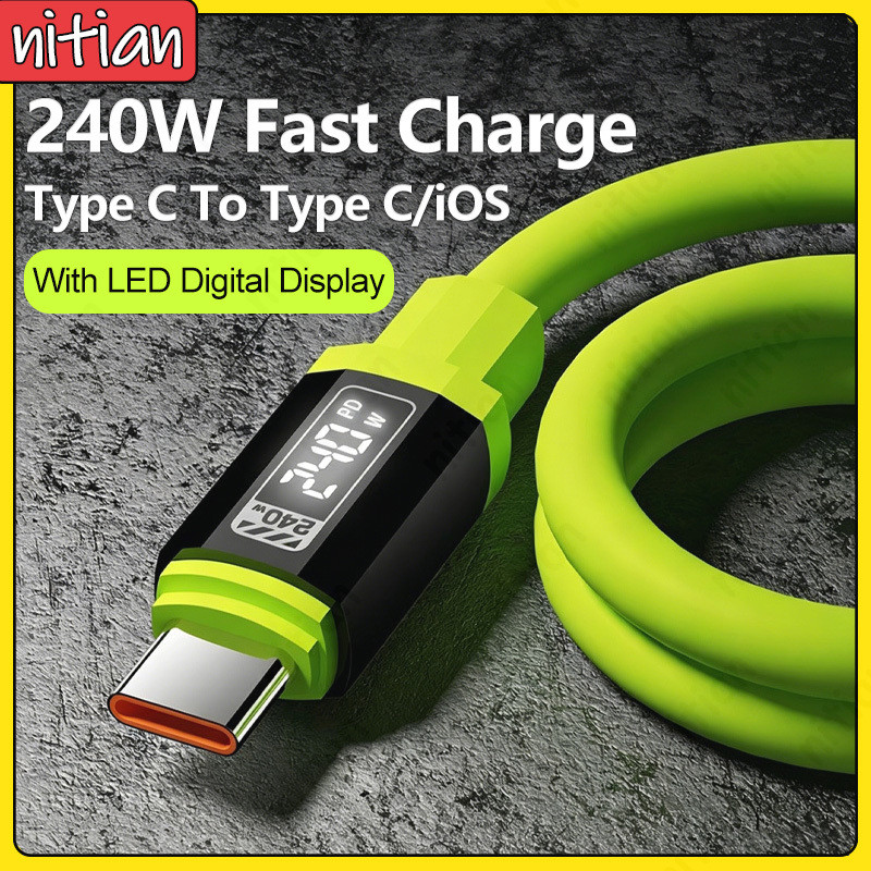 Dual Type C 240W Super Fast สายชาร์จสมาร์ทจอแสดงผล LED สายเคเบิลข้อมูลโทรศัพท์ 6A ประเภท C ถึง IOS ซิลิโคนนุ่ม Quick Charge สําหรับ IOS15-17/Type C