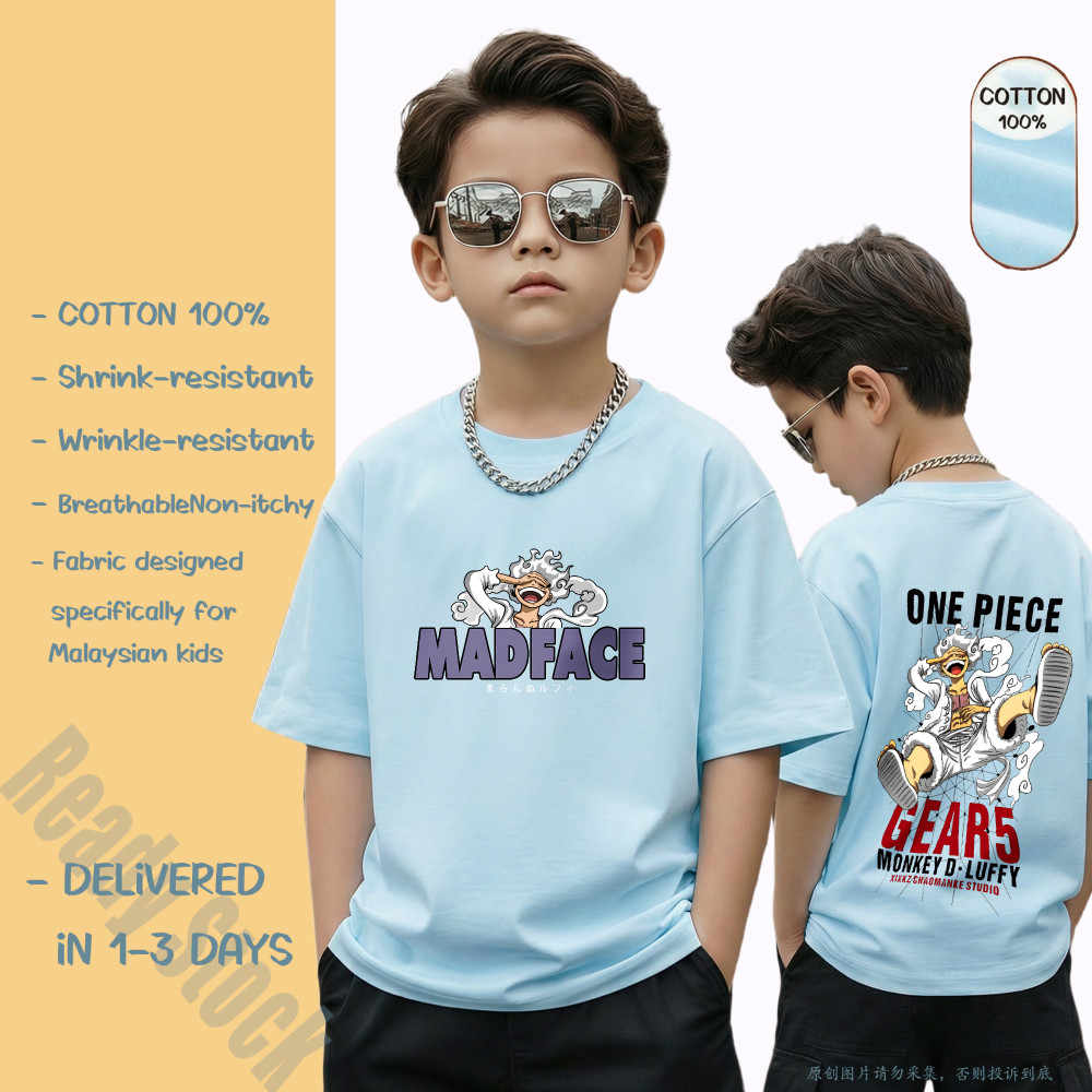Mad Face One Piece Gear 5 Monkey D Luffy การ์ตูนพิมพ์ TShirt Budak Lelaki Cotton TShirt