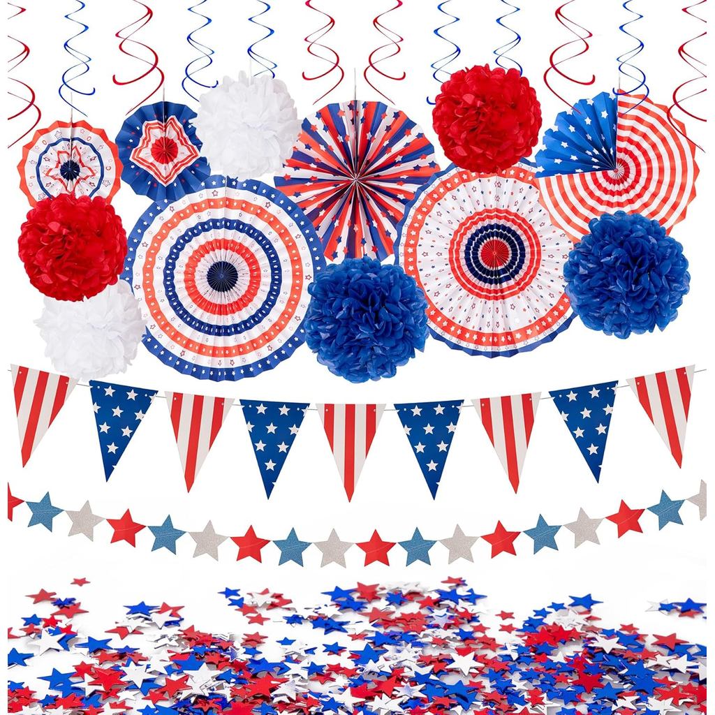 29 ชิ้น 4th/Fourth of July Patriotic ตกแต่งชุด-สีแดงสีขาวสีฟ้าพัดลมกระดาษ,USA Flag Pennant,Star Stre