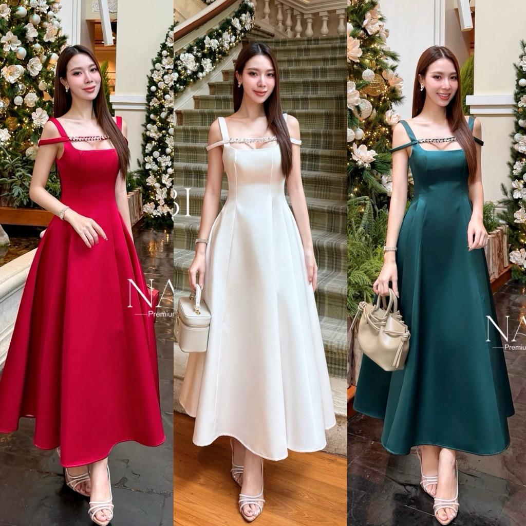 Shop_DD (พร้อมส่ง) NABI128 เดรสออกงานทรง A-line เปิดไหล่ ดีเทลแต่งเพชรช่วงหน้าอก DD