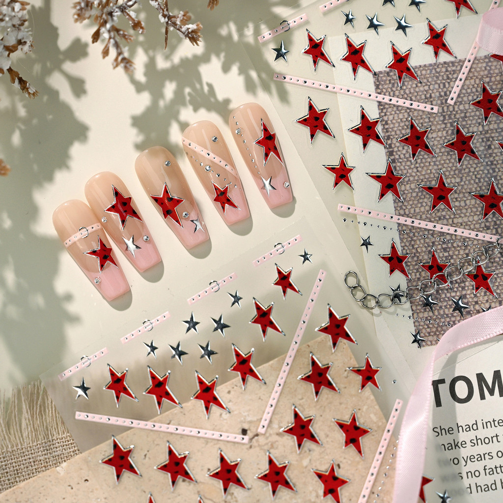 [Meow.sensei] Iron Polka Dot Red Five-pointed Star Nails Sticker M1312 Sweet Cool Punk Style Rivet D