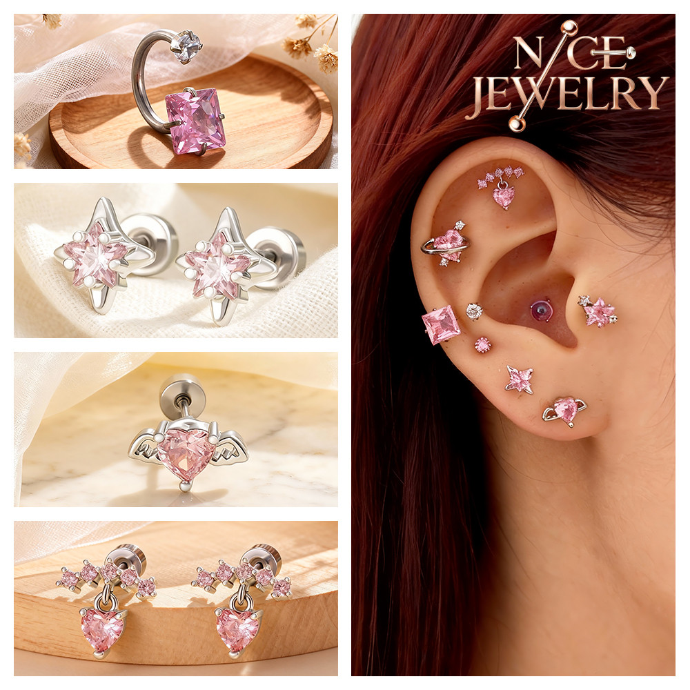 20G คริสตัลสีชมพู Dangle STUD ต่างหู 1 PC สแตนเลส Conch Tragus หู Stud 16G Rook กระดูกอ่อนเจาะเครื่องประดับ