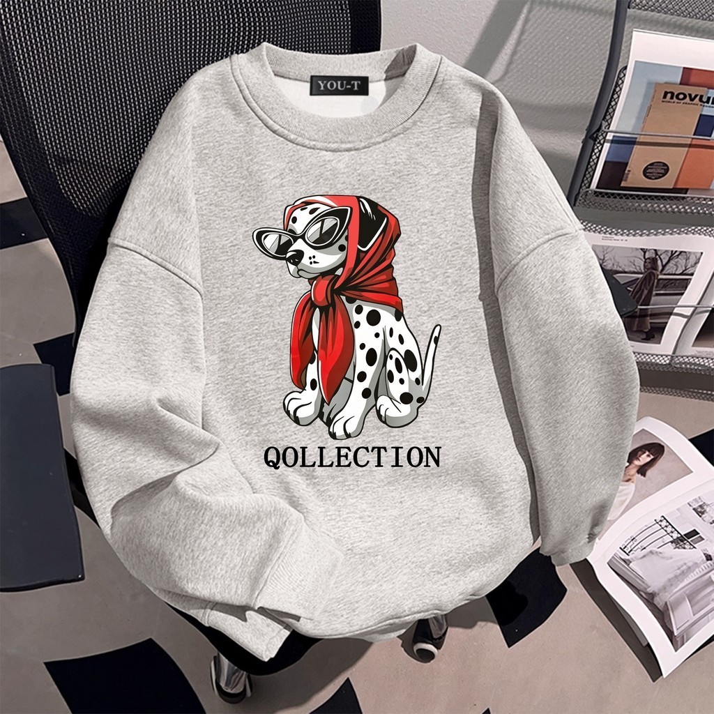 Sea.Tee สเวตเตอร์ แขนยาว คอกลม ทรงหลวม Print 'QOLLECTION DOG' สไตล์เกาหลี (ใส่ได้ทั้งหญิงเเละชาย)
