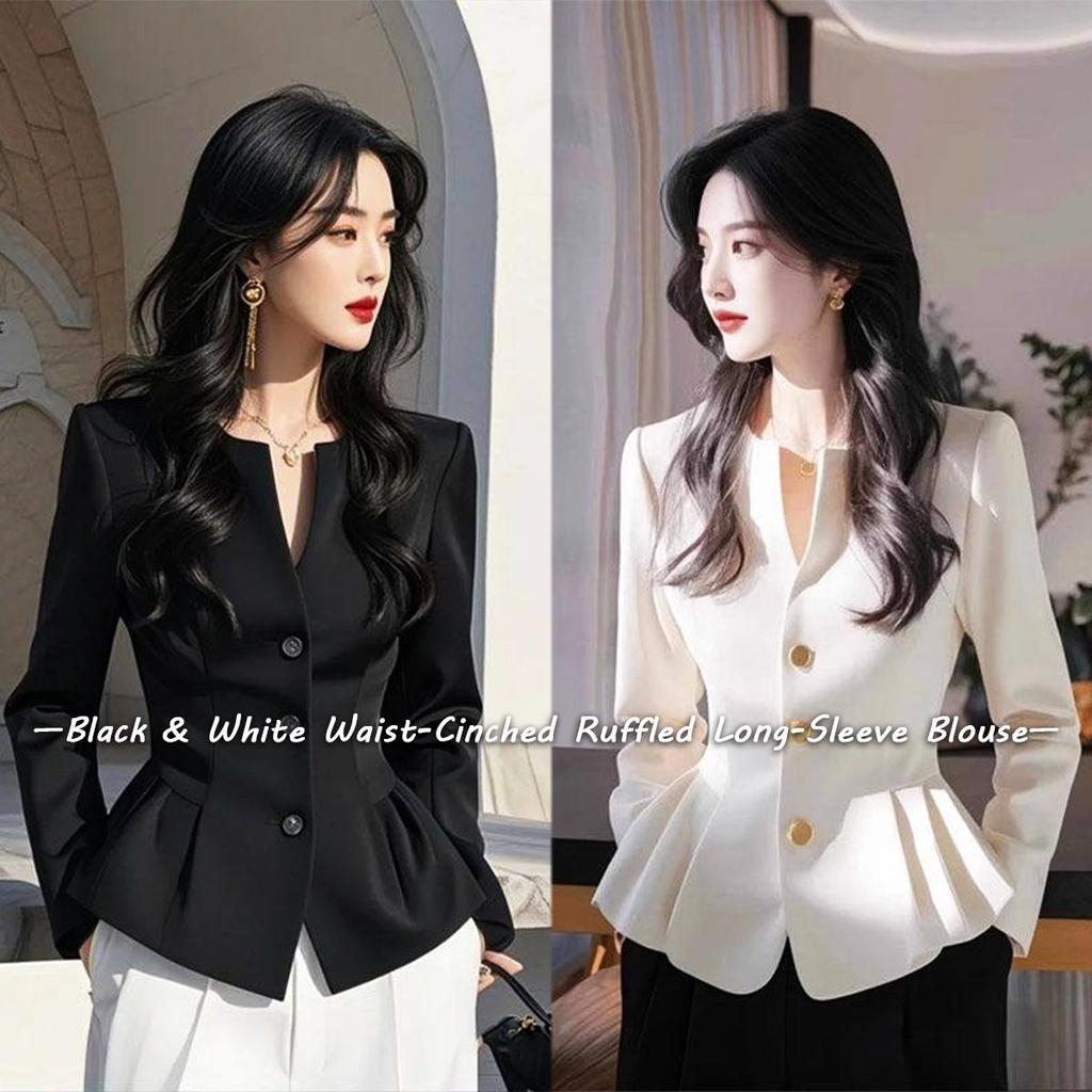Chili Koko เสื้อเชิ้ตผู้หญิงใหม่ ขายดี หรูหราเบา ไม่ซ้ำใคร สไตล์ฝรั่งเศส เสื้อแจ็คเก็ตสั้นสีดำ ชายกระโปรงระบาย 99315