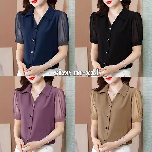 mimi&didi#เสื้อชีฟองแขนสั้นดีไซน์คอวีสำหรับผู้หญิง สไตล์ฤดูร้อน ทรงหลวม ดูเป็นผู้ใหญ่และสง่างาม สวมใส่สบาย สวยงาม#W692
