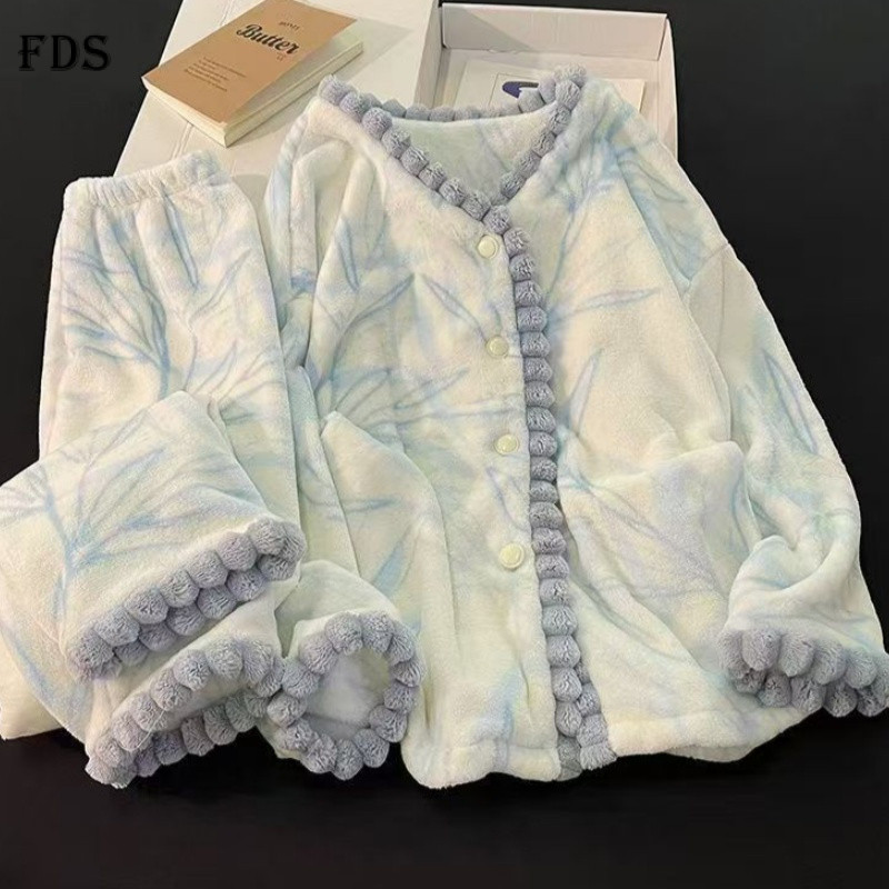FDS Retro ดอกไม้ชุดนอนขนแกะปะการังผู้หญิงฤดูใบไม้ร่วงฤดูหนาว V คอขนแกะหนา Flannel คาร์ดิแกน Loungewe
