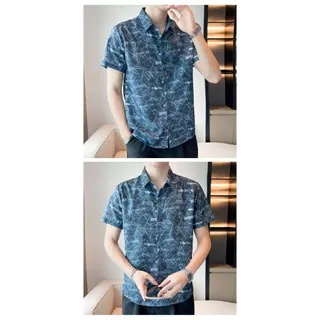 เสื้อเชิ้ตแขนสั้นพิมพ์ลายโพลีเอสเตอร์ 100% สีน้ำเงินส้นเขียว M-3XL เทศกาลสงกรานต์