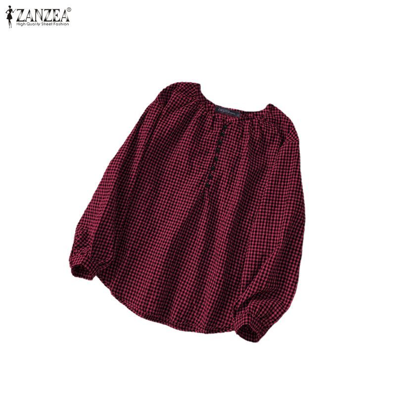 ZANZEA ผู้หญิงเกาหลีวินเทจลําลองคอกลมแขนโคมไฟออกแบบปุ่มจีบเสื้อลายตารางหมากรุก — صورة 7