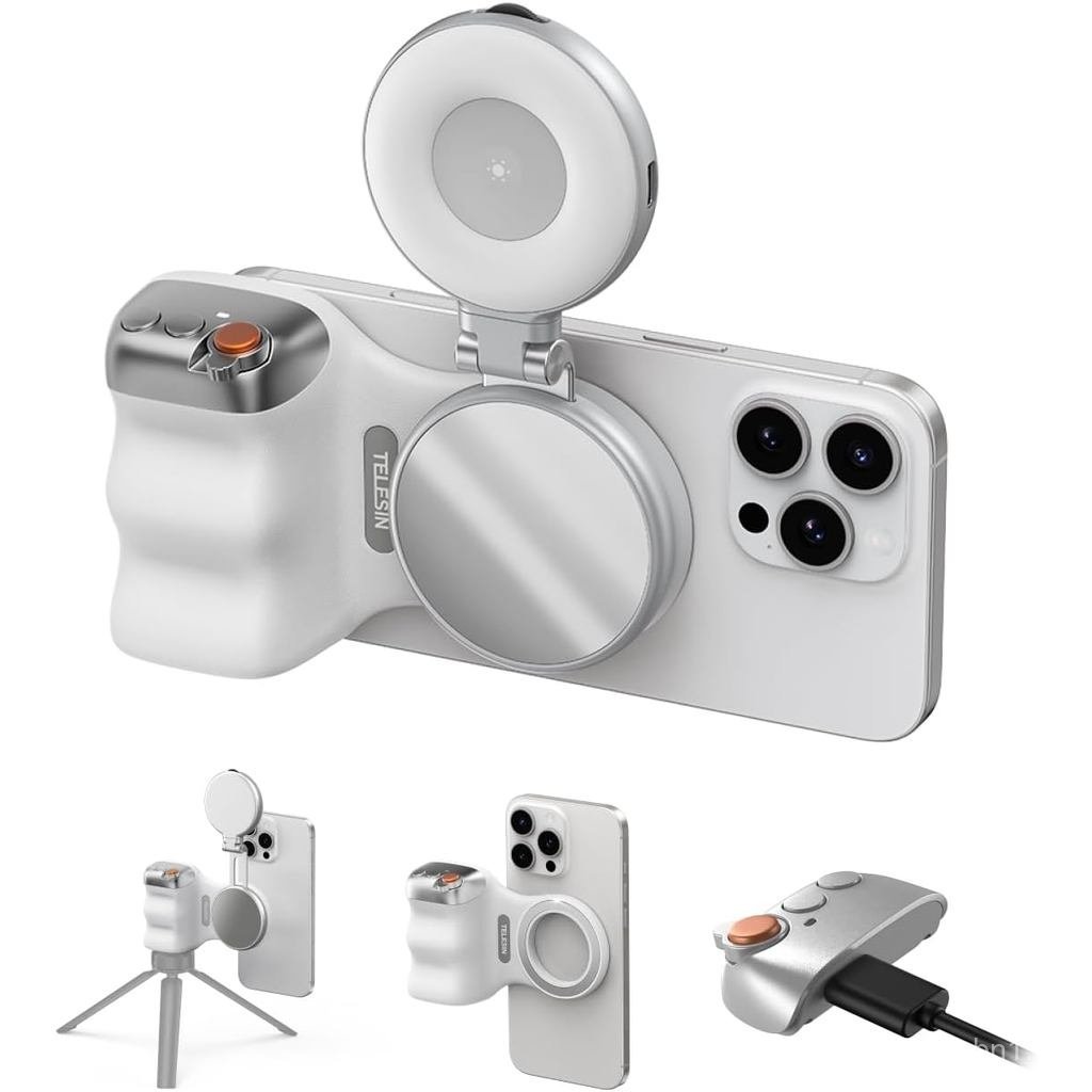 TELESIN Fun Shot Magnetic Phone Camera Grip + C03 Magnetic Selfie Light (สีเงิน) Bundle Kit เข้ากันไ