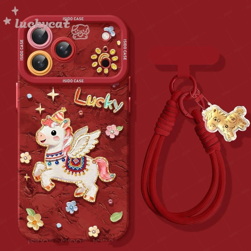 Insสีแดงภาพวาดสีน้ํามันสวมใส่หมวกสีชมพูAngel Horse + Lanyardคู่เคสโทรศัพท์สําหรับiPhone 17 16 15 14 13 12 11 Pro Max X XR XS Max 7 8 Plus SE2020