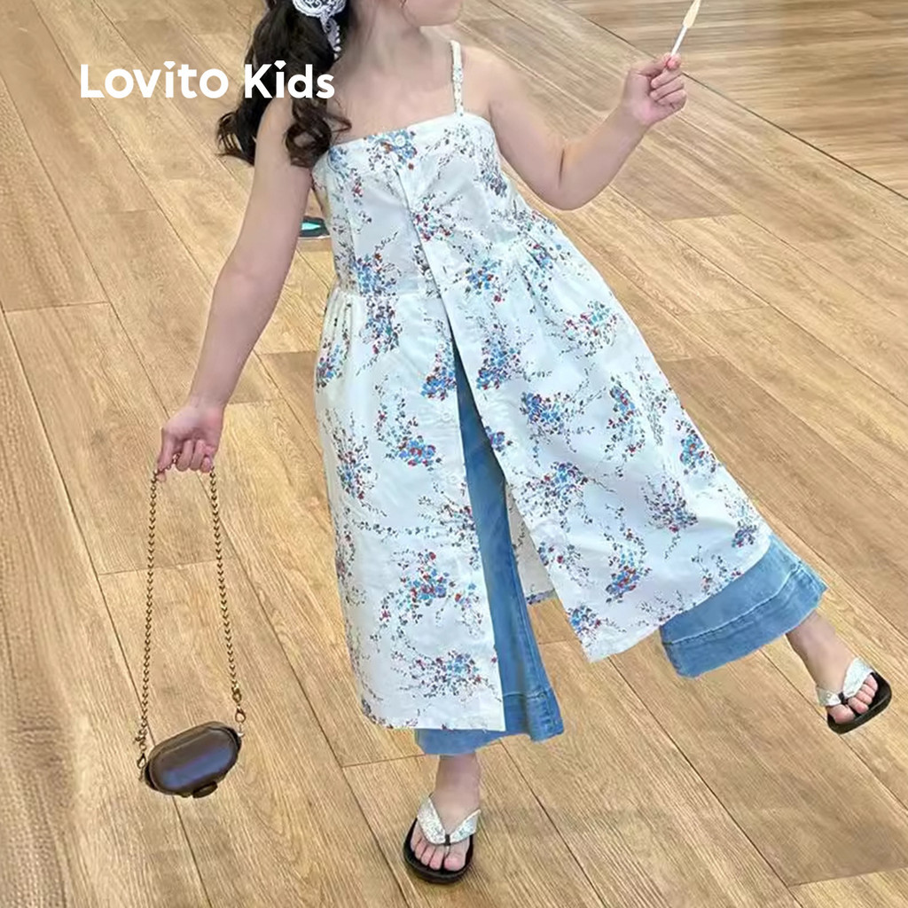 Lovito Kids เดรสรัดสไตล์แคชชวล เนื้อผ้าบางเบา ลายเจาะลายละเอียด เสื้อผ้าสีขาวสำห