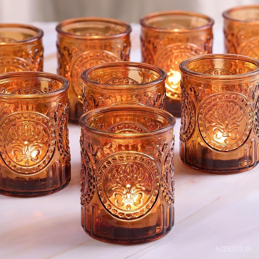 12PCS Amber Votive Candle Holders, Glass Tea Lights Candle Holder Vintage Candle Holders Bulk for Ta