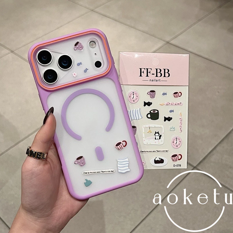 Creative หน้าต่างขนาดใหญ่แม่เหล็ก DIY กาแฟแมวสติกเกอร์เคสโทรศัพท์เหมาะสําหรับ iPhone 11 12 13 14 15 16 17 Pro max frosted รวมทุกอย่างฝาครอบป้องกันการตก