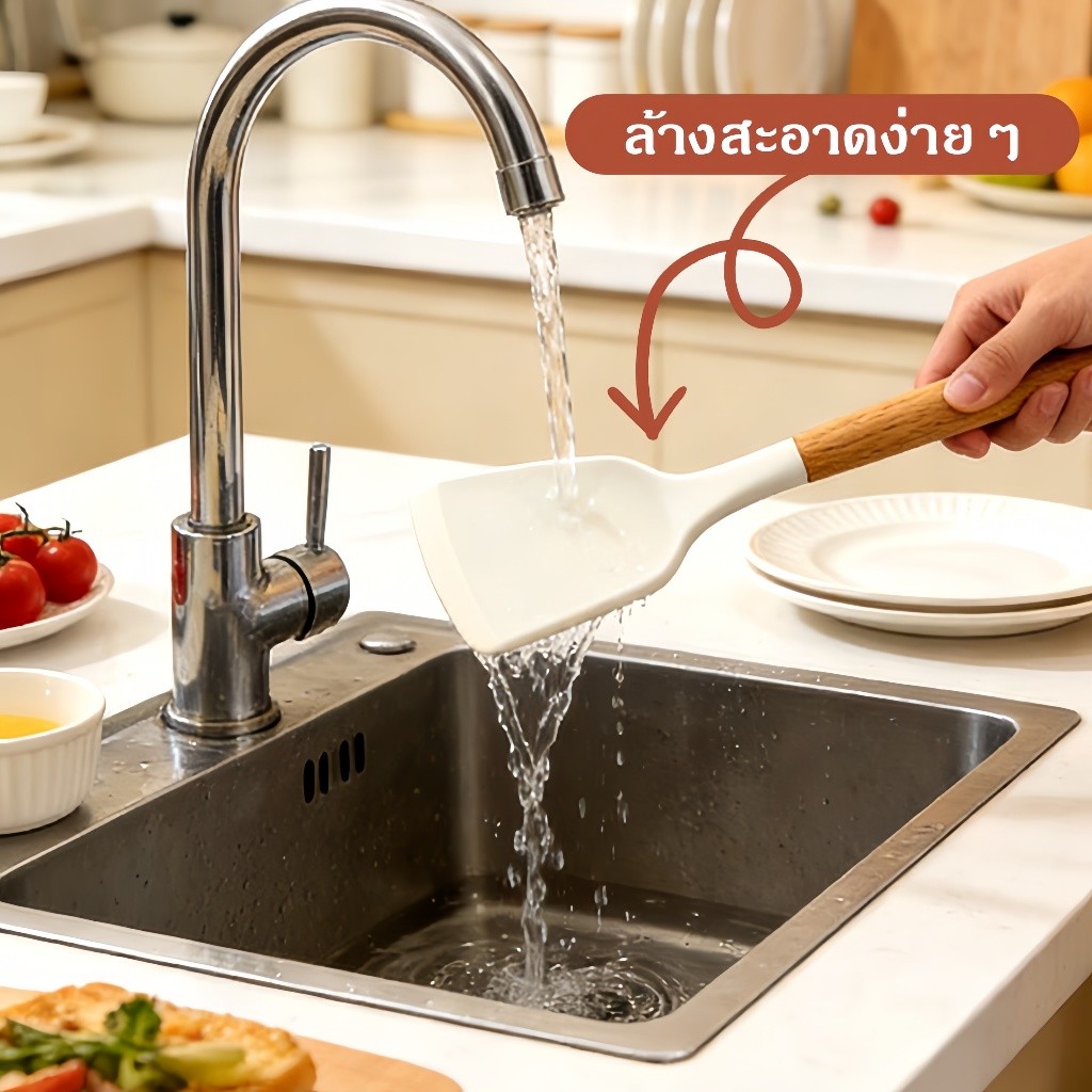 ชุดเครื่องครัว 3ชิ้น ตะหลิวซิลิโคน กระบวยซิลิโคน กระบวยมีรู ด้ามจับไม้ ทนความร้อนสูง พิเศษสำหรับทำอาหาร - รูปที่ 4