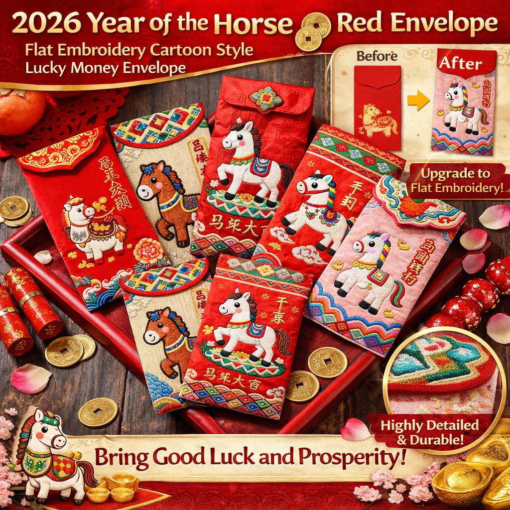 ซองอั่งเปาปีม้า 2026 / ลายปักม้าสุดน่ารัก / ขนาดพอดี / ใส่เงินสดหรือการ์ดอวยพรได้ / ซองอั่งเปาลายม้าสไตล์เรียบง่าย / ซองอั่งเปาปักลายม้า / ซองอั่งเปาปีใหม่ 2026 / ซองเงินนำโชค