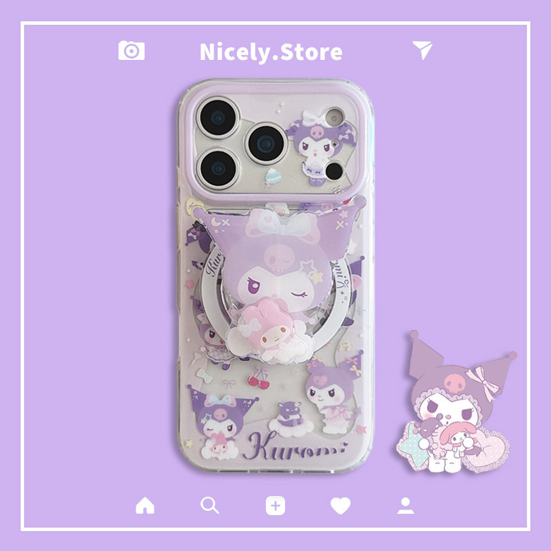 การ์ตูนการ์ตูน Cherry Kuromi Stand เคสโทรศัพท์แม่เหล็กเข้ากันได้กับ iPhone 17 16 15 14 Pro Max 13 iP