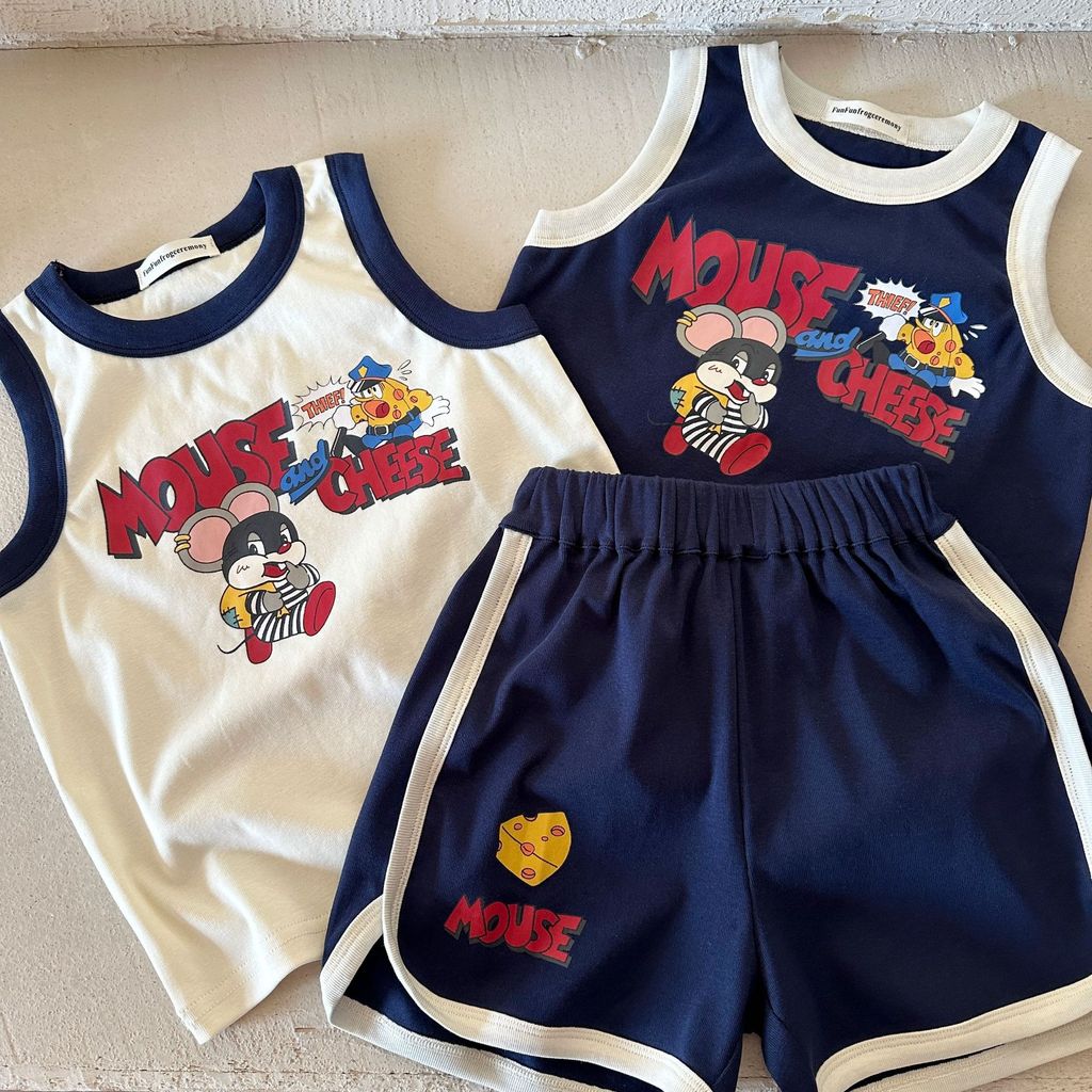 「สินค้าลิขสิทธิ์แท้」IRIS KIDS x Funfun 26ss IKT260338 Mouse&cheese set ชุดเซ็ตเด็ก เสื้อแขนกุด+กางเกง ลายการ์ตูนหนูชีส