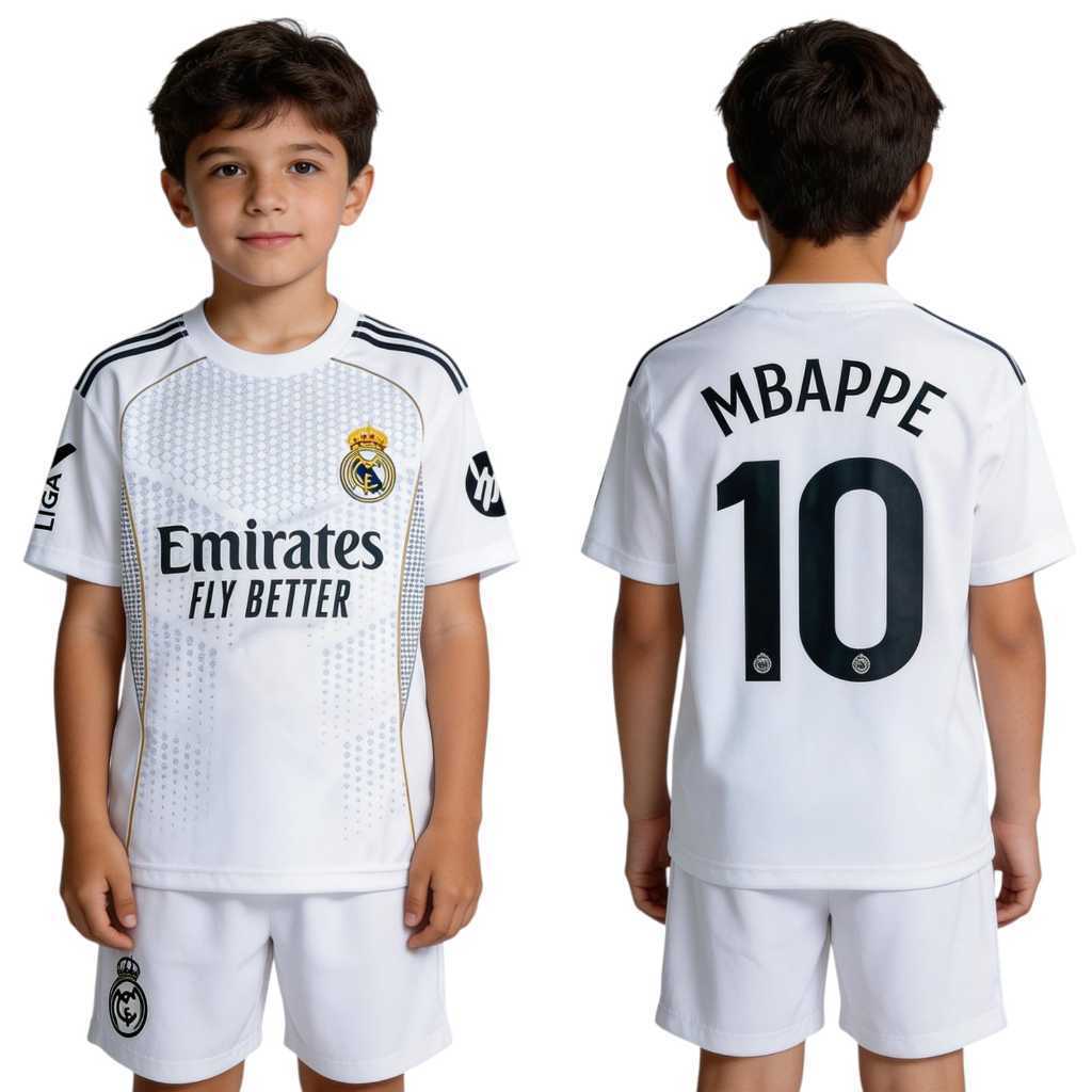 ใหม่ล่าสุด MADRID MBAPPE KIDS FOOTBALL JERSEY SET AGES 1-15 ปี