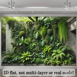 A 2D Tropical Rainforest Plant Wall Backdrop Featuring Monstera, Ferns, Hanging Greenery, Large Broadleaf Plants, And a