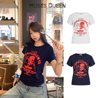 MOSESQUEEN เสื้อผ้าสีสันสดใส แบบเด็กน้อย ที่มีลวดลายพิมพ์บนตัว ชุดเสื้อแขนสั้น สำหรับสาววัยรุ่นในฤดูร้อน #63586