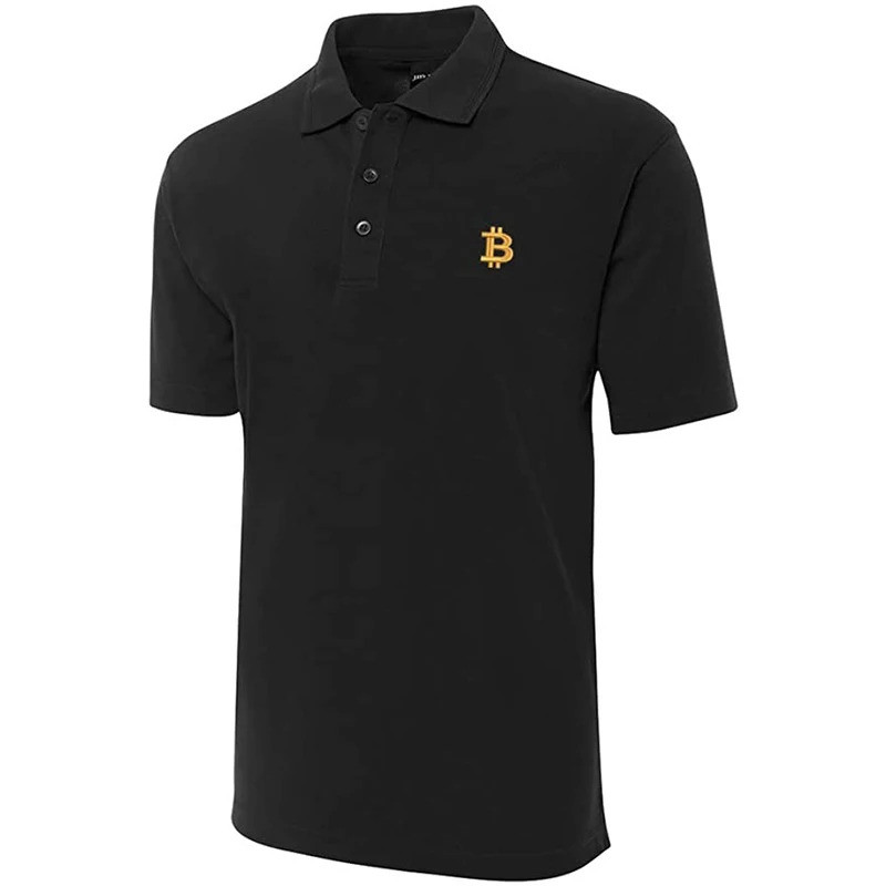 เสื้อโปโลแขนสั้นปักลาย Lyprerazy Bitcoin BTC เสื้อโปโลผู้ชายสไตล์คลาสสิก