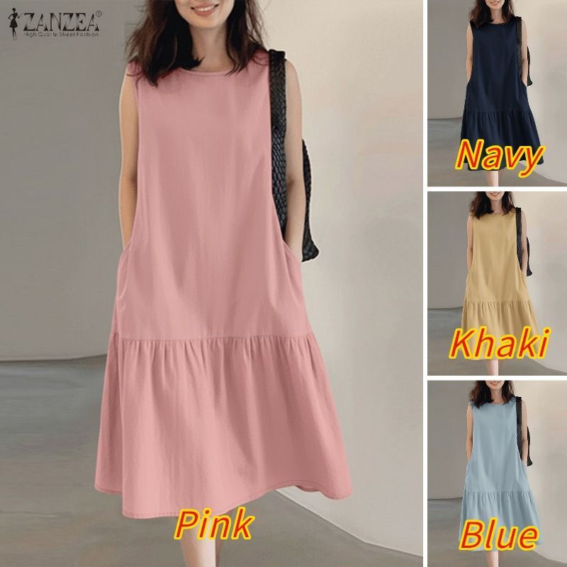 Zanzea ผู้หญิงเกาหลี Minimalist หลวมกระเป๋าด้านข้าง Ruffled สีทึบรอบคอแขนกุด — صورة 3