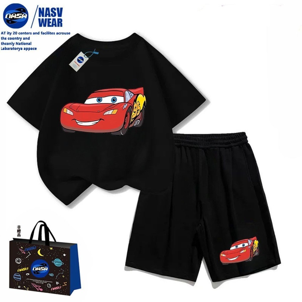 NASA Lightning McQueen Suit กางเกงขาสั้นเสื้อยืดแขนสั้นผ้าฝ้ายแท้ลายการ์ตูน#现货NASA闪电麦昆套装卡通纯棉短袖T恤短裤