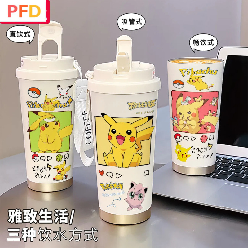 Pokemon Pikachu การ์ตูนกระติกน้ําร้อนถ้วย 304 สแตนเลสฟางขนาดใหญ่ความจุเย็นกาแฟถ้วยดื่มคู่