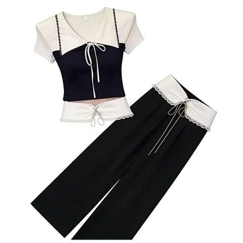 [คลังสินค้าพร้อม] ทั้งชุดของความรู้สึกการออกแบบ ootd อารมณ์ไม่ชนย้อนยุคแขนสั้นด้านบนกางเกงลําลองชุดส
