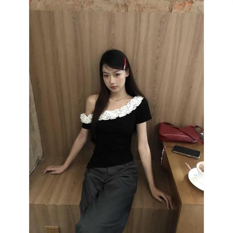 เสื้อแขนกุดสีดำ สไตล์เกาหลีสำหรับฤดูร้อน แขนสั้น สไตล์เรโทร