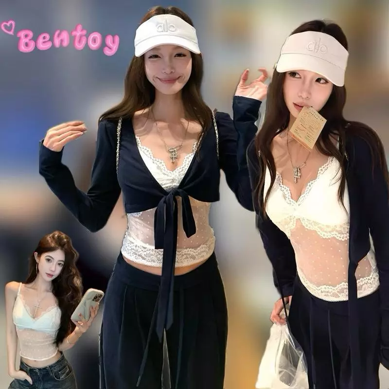 Bentoy พร้อมส่งในไทย 736เสื้อสายเดี่ยวลูกไม้เซ็ทกับเสื้อคลุมแขนยาว ผูกสายหน้าอก งานสวยดูแพง